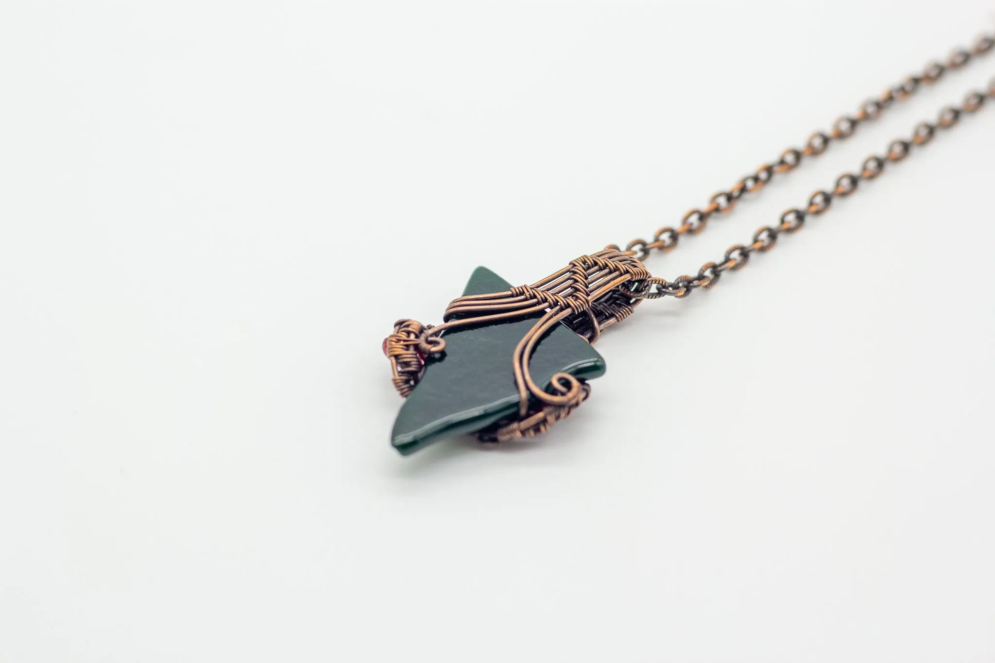 Red and Green Fused Glass Pendant with Copper Wire Wrapping