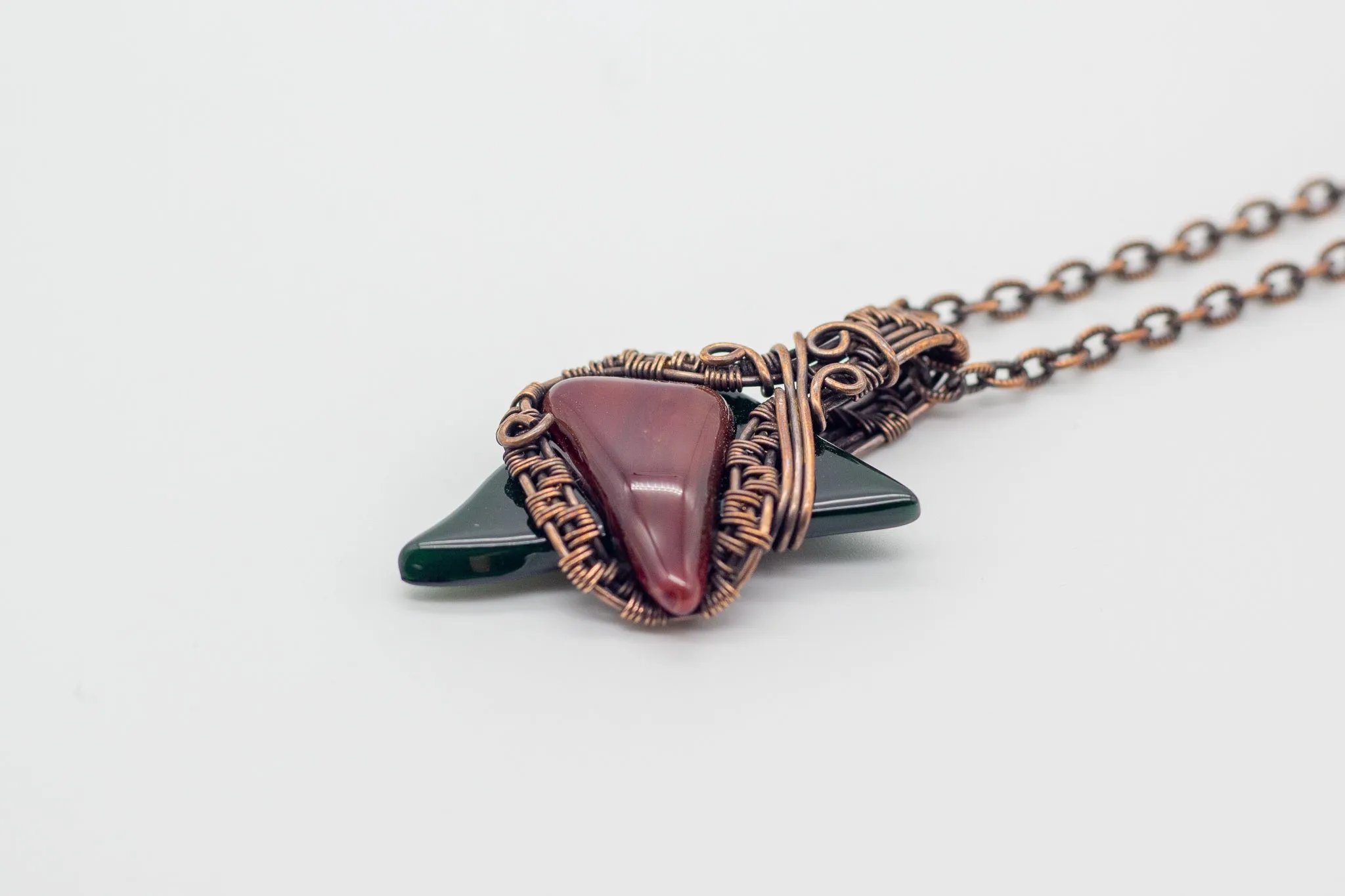 Red and Green Fused Glass Pendant with Copper Wire Wrapping