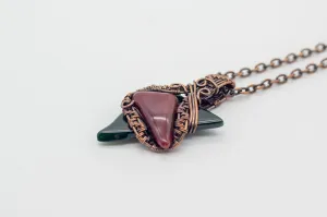 Red and Green Fused Glass Pendant with Copper Wire Wrapping