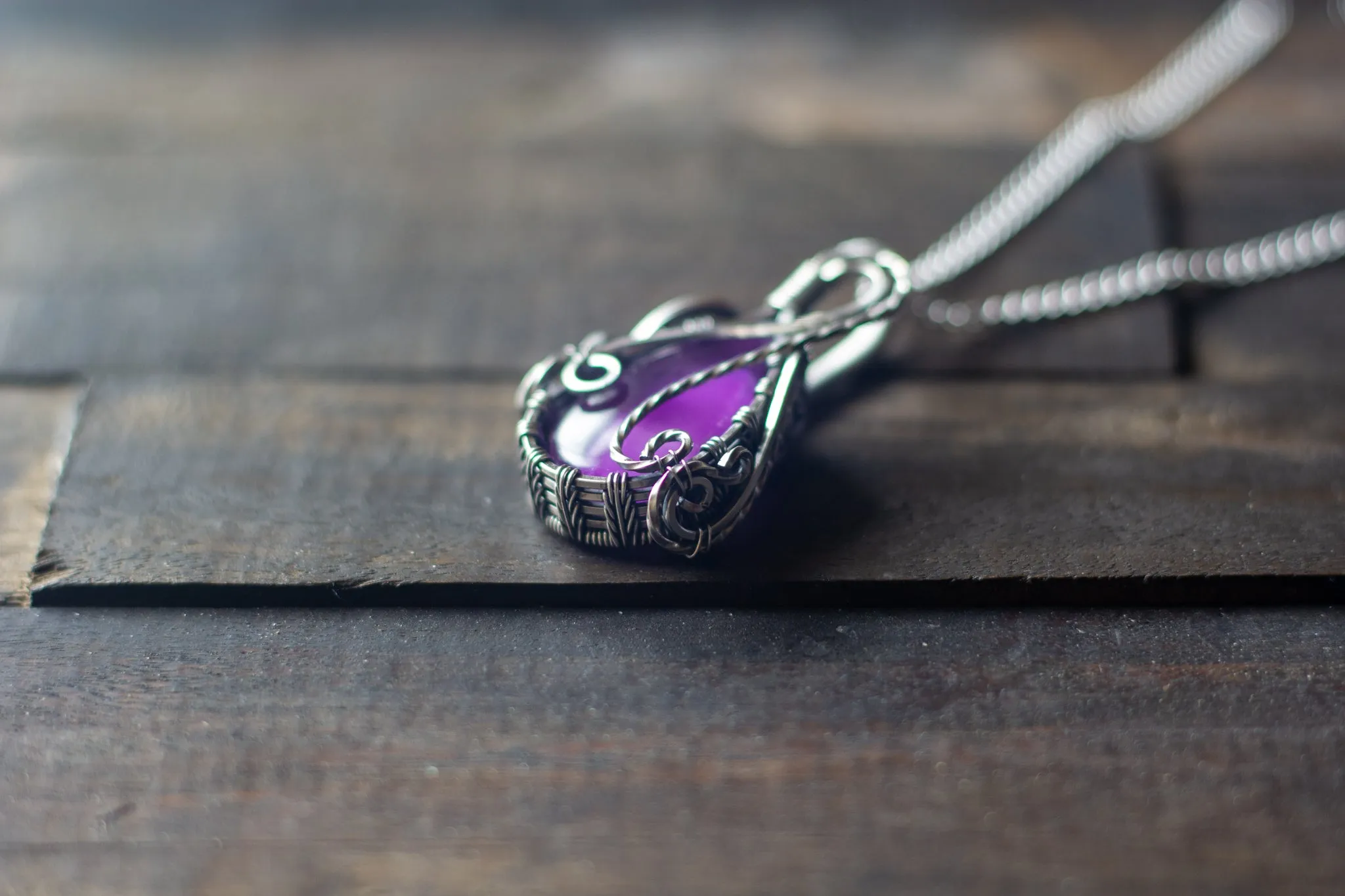 Reserved- Sterling Silver Teardrop Pendant with Deep Purple Fused Glass