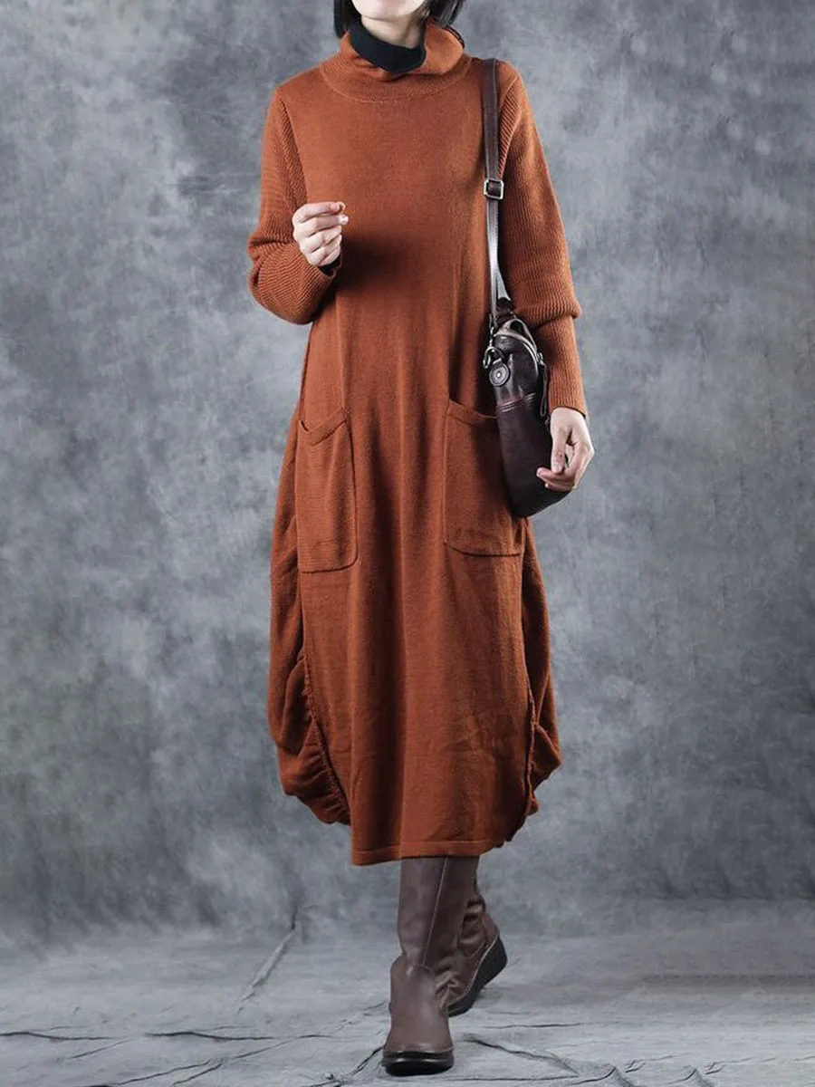Retro Casual High Neck Women'S Long Knitted Dress