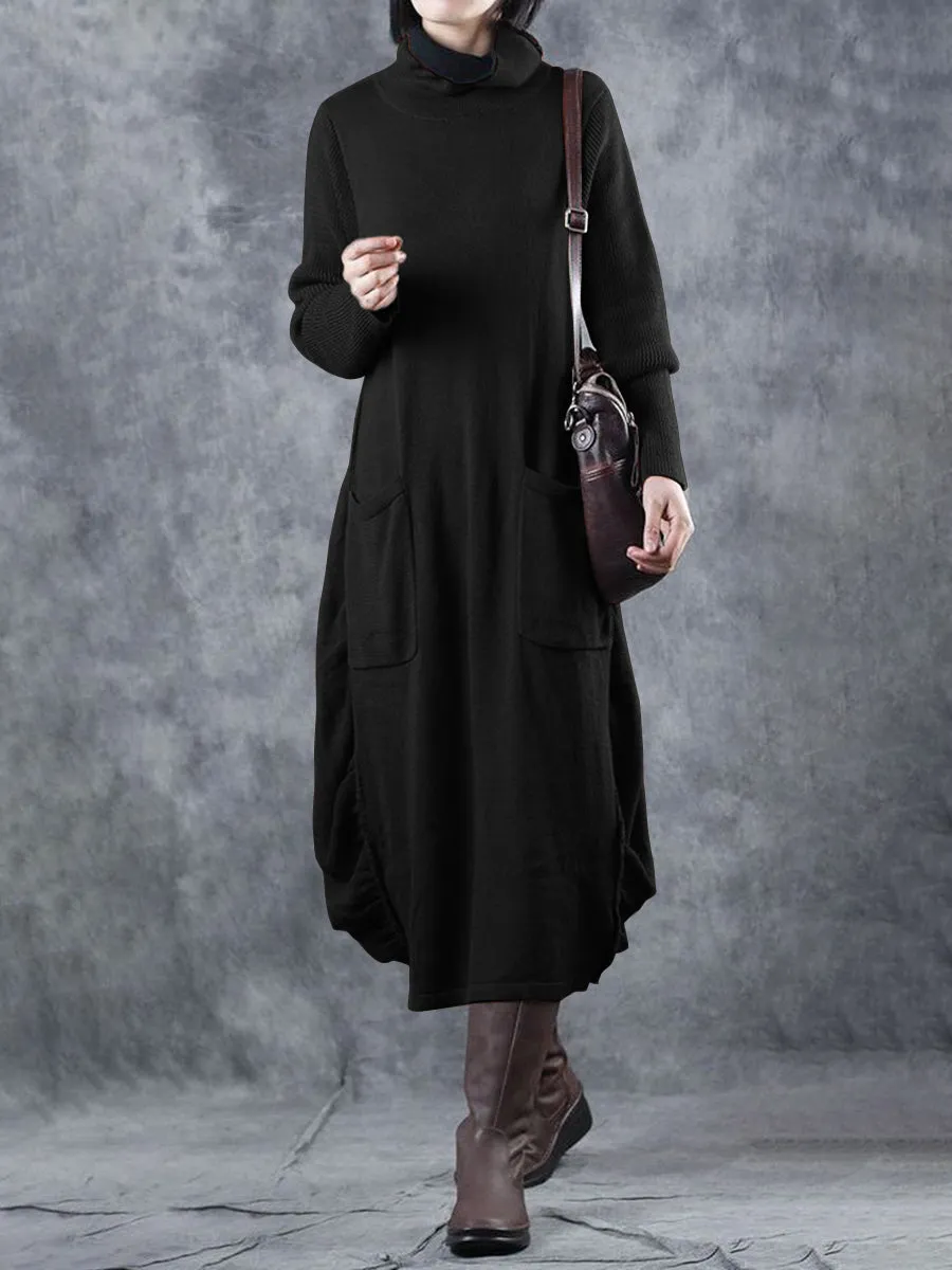 Retro Casual High Neck Women'S Long Knitted Dress