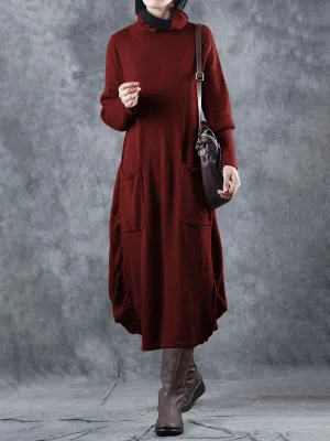 Retro Casual High Neck Women'S Long Knitted Dress