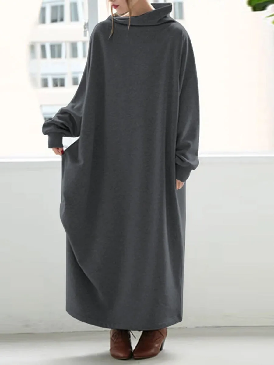 Retro Lazy Loose Solid Color High Collar Women'S Knitted Dress