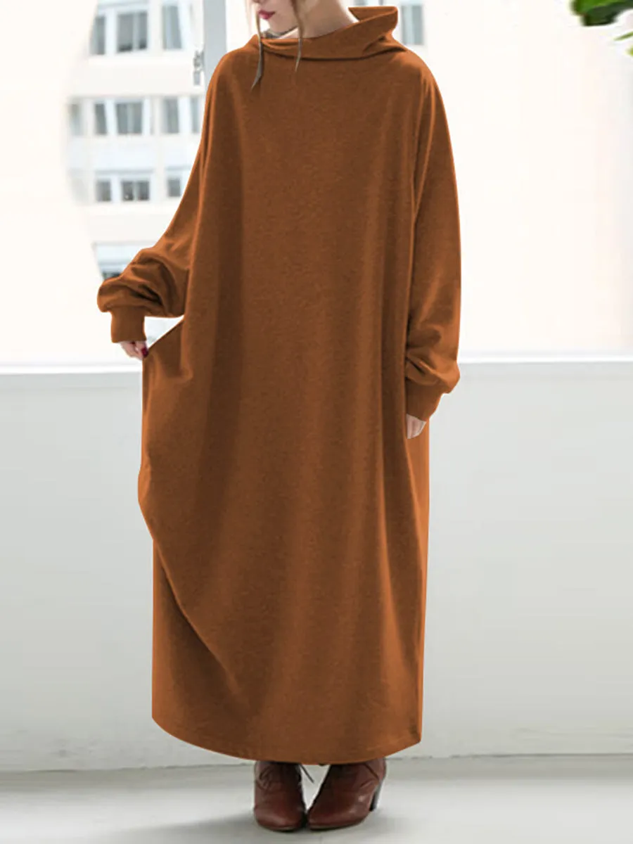 Retro Lazy Loose Solid Color High Collar Women'S Knitted Dress