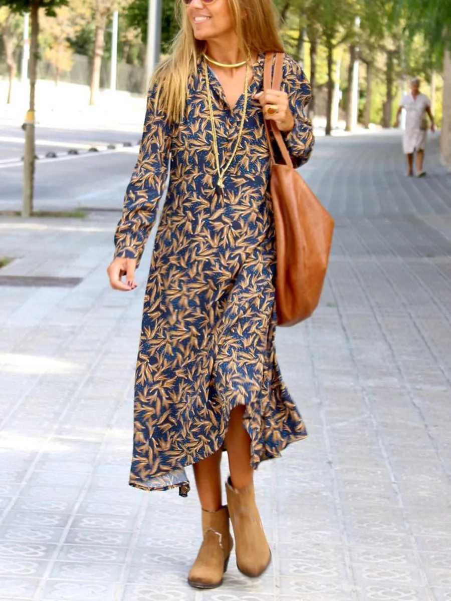 Retro Leaf Print Holiday Women'S Dress