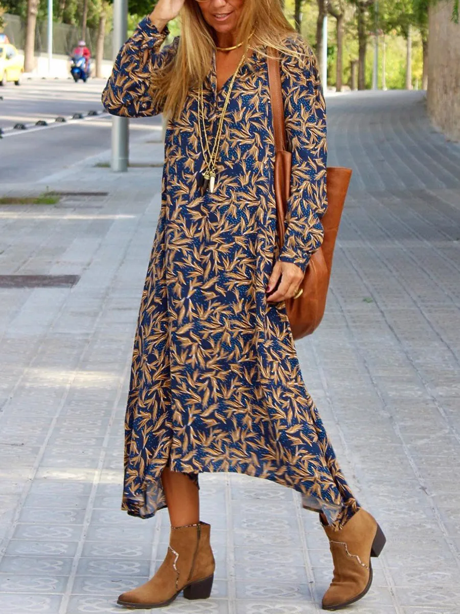 Retro Leaf Print Holiday Women'S Dress