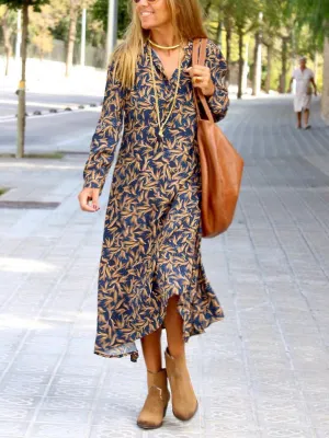 Retro Leaf Print Holiday Women'S Dress