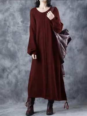 Retro Solid Color Loose V-Neck Women'S Sweater Dress
