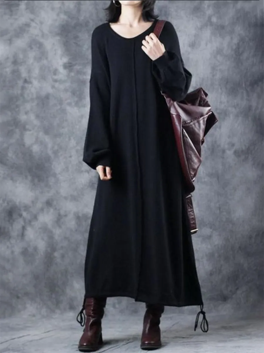 Retro Solid Color Loose V-Neck Women'S Sweater Dress