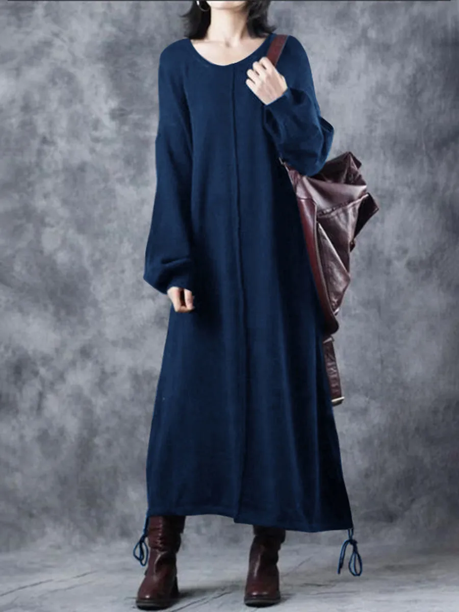 Retro Solid Color Loose V-Neck Women'S Sweater Dress