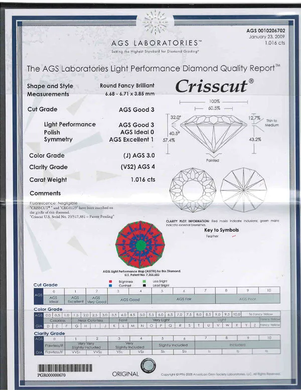 Round Crisscut Diamond AGS Certified 1.016ct J-VS2