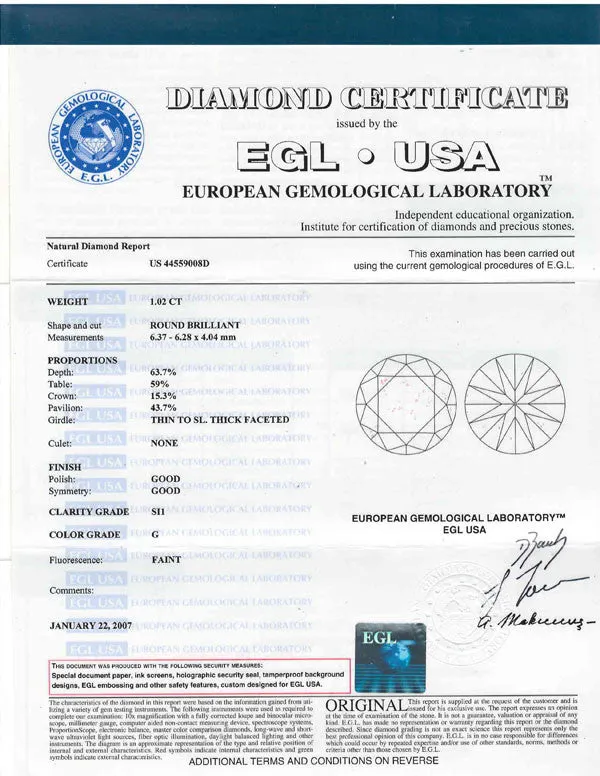 Round Cut Diamond EGL USA Certified 1.02ct G-SI1