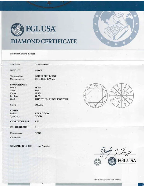 Round Cut Loose Diamond EGL USA Certified 1.80ct D-VS1
