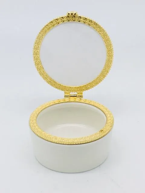 Round Porcelain Rosary Baptism Box with Glass Enclosed Top
