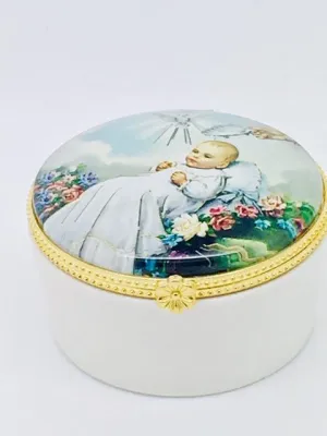 Round Porcelain Rosary Baptism Box with Glass Enclosed Top