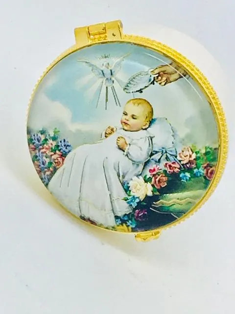 Round Porcelain Rosary Baptism Box with Glass Enclosed Top