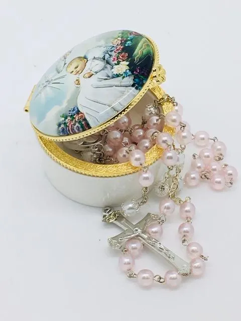 Round Porcelain Rosary Baptism Box with Glass Enclosed Top