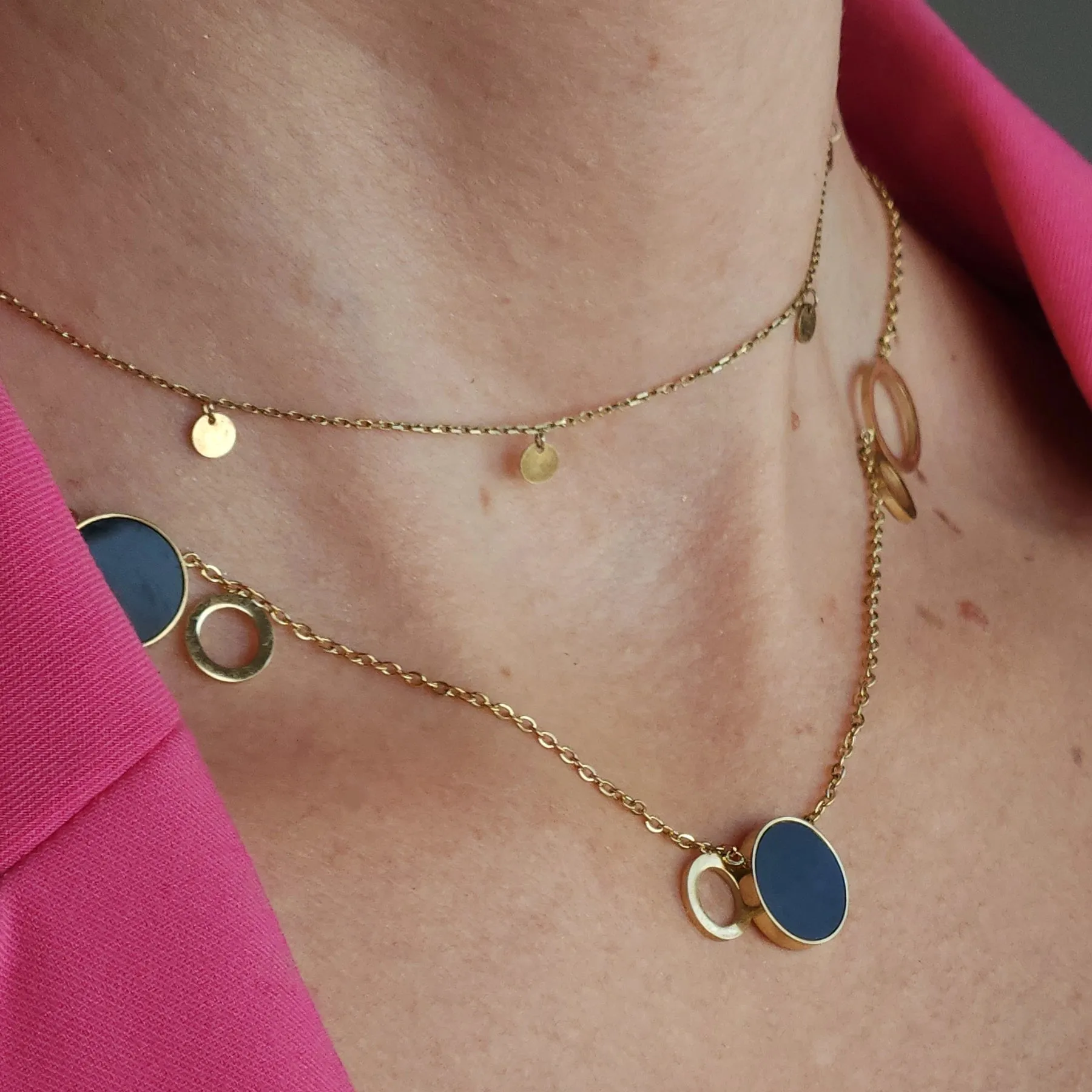 Roxie Surgical Steel Plated 14K Gold Necklace Black Rings