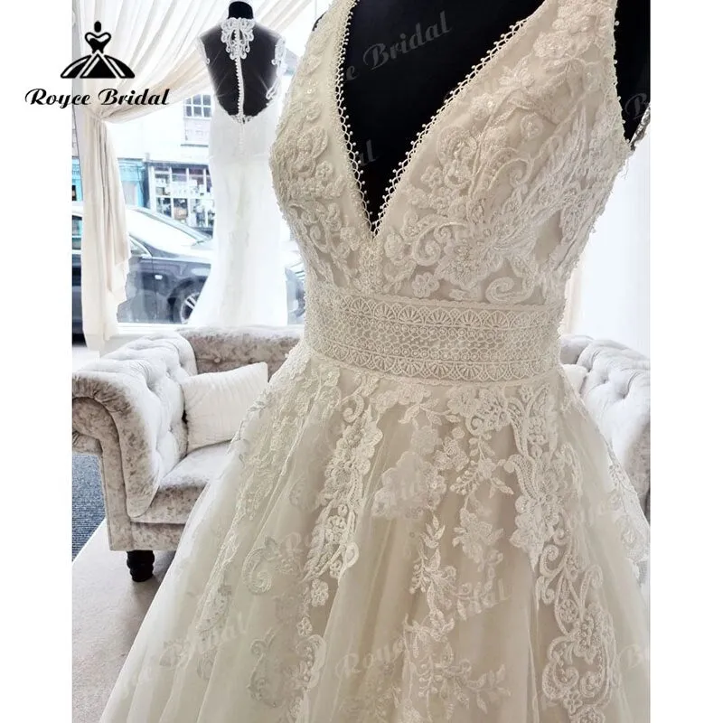 Roycebridal 2025 Vestido Vintage V Neck Lace Appliques Lace Appliques A Line Beach Wedding Dress Sweep Train Robe Sexy Bridal Beach Summer