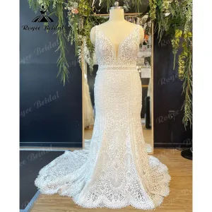 Roycebridal Vintage Plunging V Neck Lace Mermaid Boho Wedding Dress for Women 2025 Bridal Gown Floor-Length robe mariée sirene Roycebridal