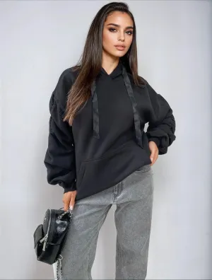 Ruched Sleeve Oversized Hoodie with Front Pouch Pocket