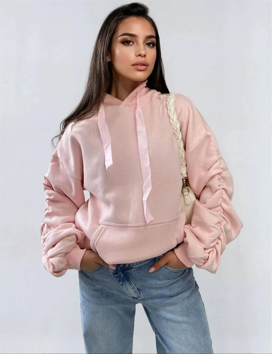 Ruched Sleeve Oversized Hoodie with Front Pouch Pocket