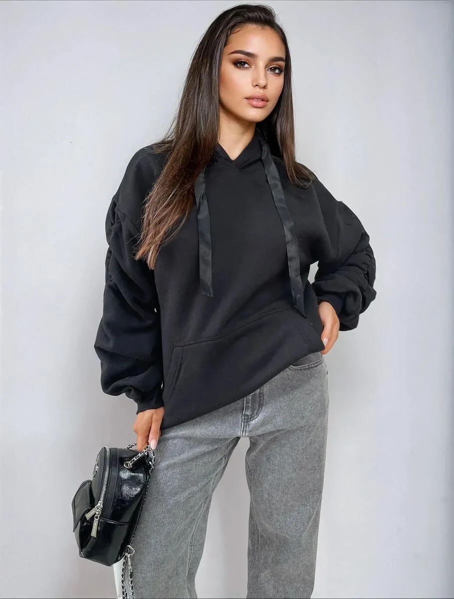Ruched Sleeve Oversized Hoodie with Front Pouch Pocket