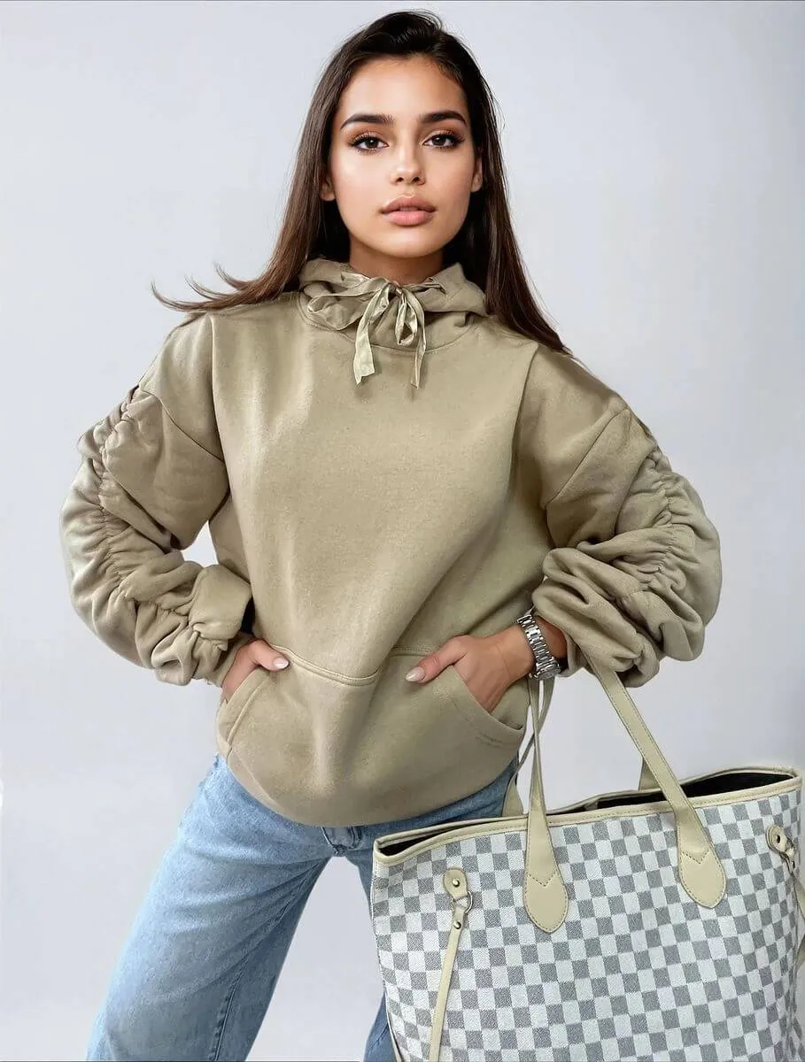 Ruched Sleeve Oversized Hoodie with Front Pouch Pocket