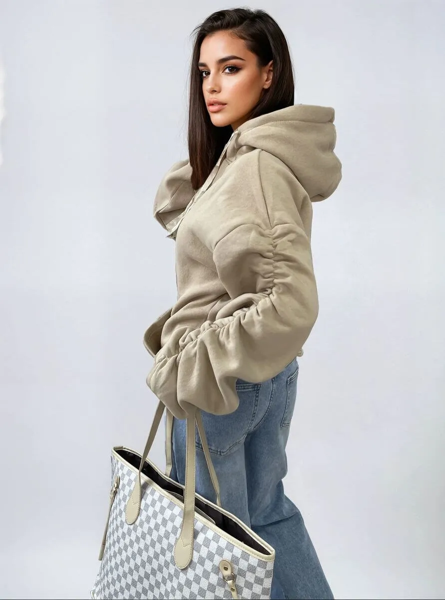 Ruched Sleeve Oversized Hoodie with Front Pouch Pocket