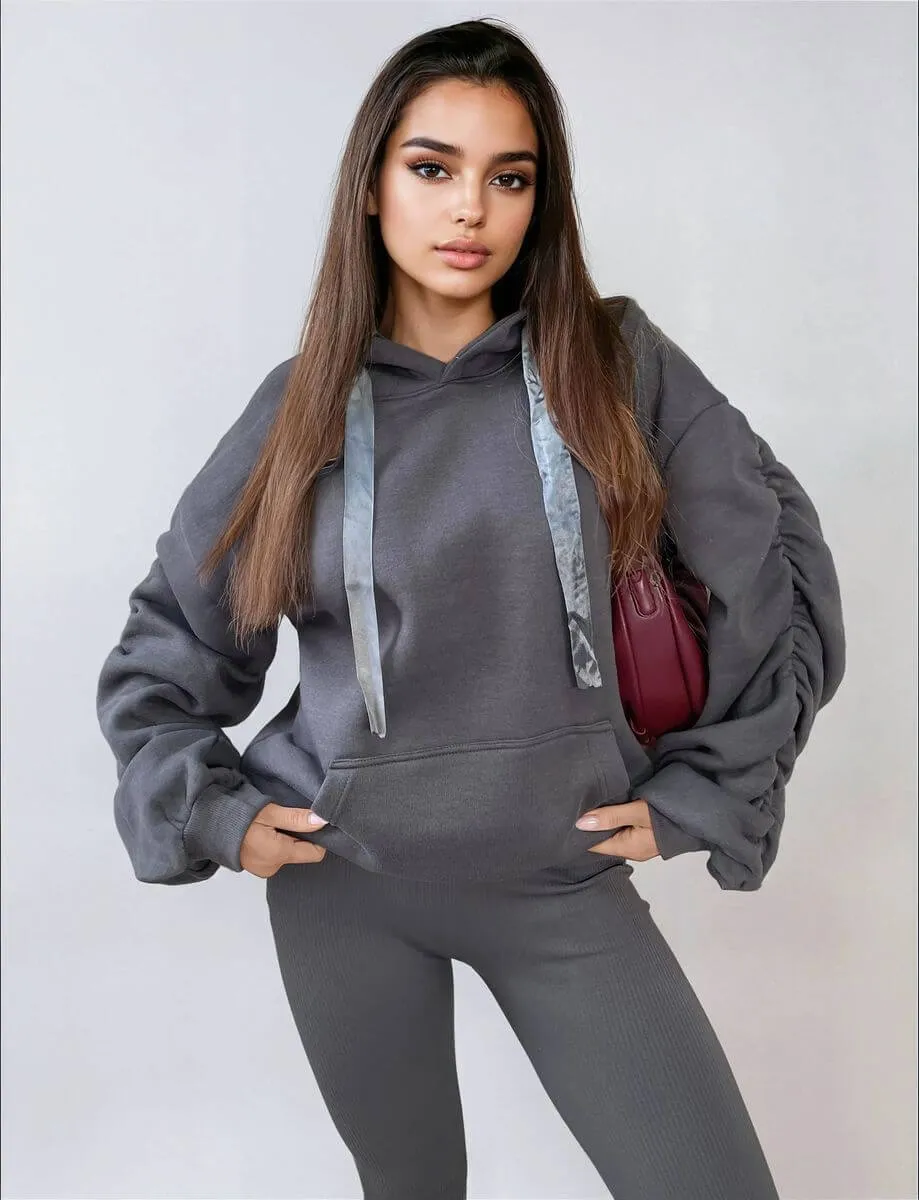 Ruched Sleeve Oversized Hoodie with Front Pouch Pocket