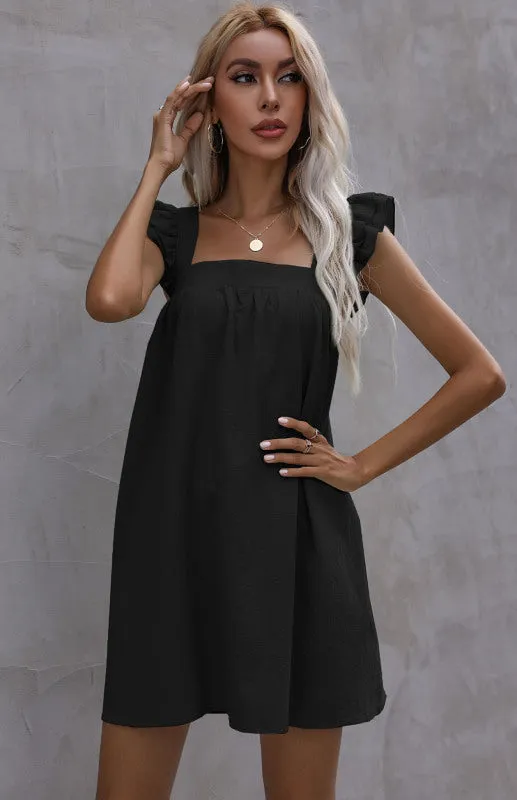 Ruffle Vest Short Dress with Square Neckline