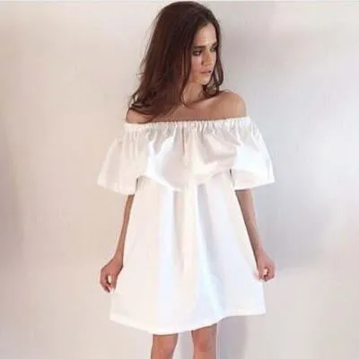Ruffles Slash Neck Women Dress Summer Style Off Shoulder Vestidos Sexy Solid Dresses Loose Beach Dress Cotton WDA0086