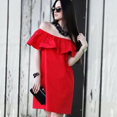 Ruffles Slash Neck Women Dress Summer Style Off Shoulder Vestidos Sexy Solid Dresses Loose Beach Dress Cotton WDA0086