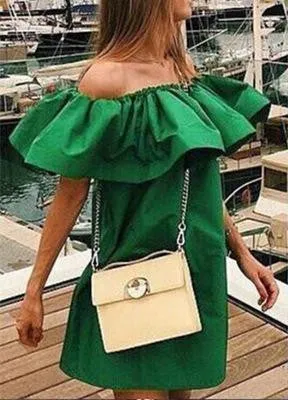 Ruffles Slash Neck Women Dress Summer Style Off Shoulder Vestidos Sexy Solid Dresses Loose Beach Dress Cotton WDA0086