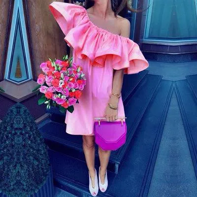Ruffles Slash Neck Women Dress Summer Style Off Shoulder Vestidos Sexy Solid Dresses Loose Beach Dress Cotton WDA0086
