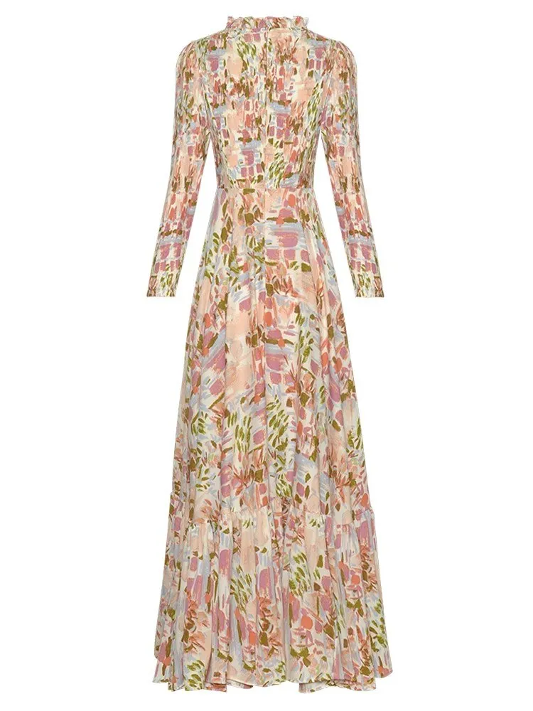 Salem Early Autumn O-Neck Long Sleeve Folds Floral Print Elegant Party Dress