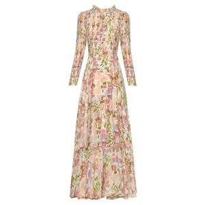 Salem Early Autumn O-Neck Long Sleeve Folds Floral Print Elegant Party Dress