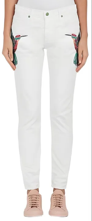 SANDRINE ROSE Women's White Skinny Boyfriend Embroidered Jeans #100146 23 NWT