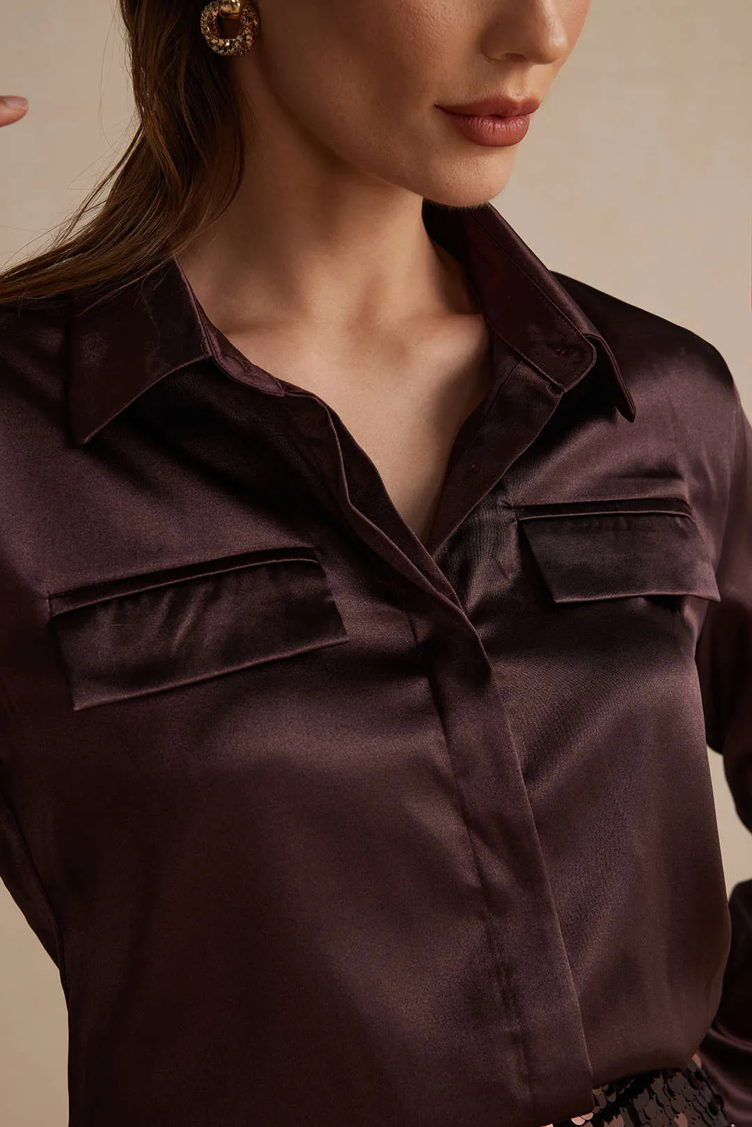 Satin Fake Pocket Long-Sleeve Shirt in Loose Fit