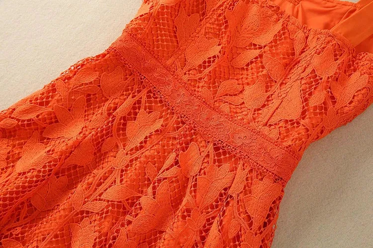 Scarlett Orange Suspender Splice Embossed hollow Lace Dresses