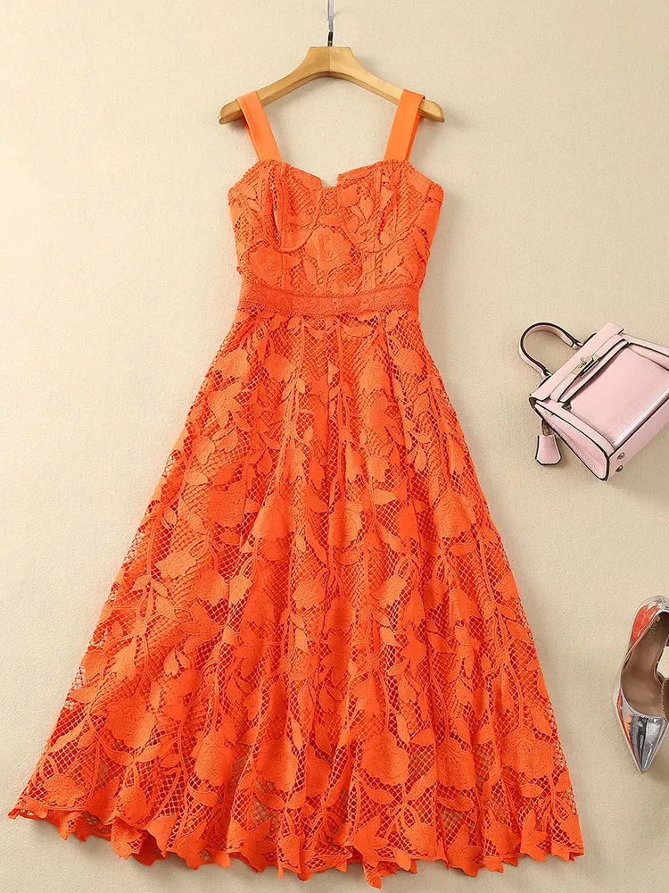 Scarlett Orange Suspender Splice Embossed hollow Lace Dresses