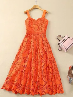 Scarlett Orange Suspender Splice Embossed hollow Lace Dresses