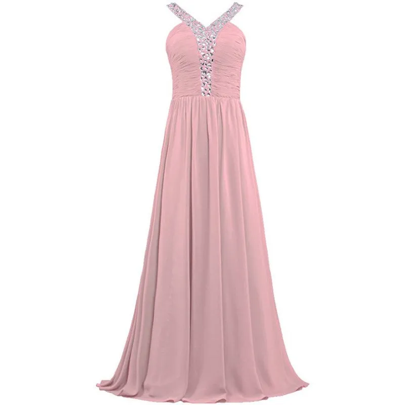 sd-hk Long Chiffon Bridesmaid Dresses Women Formal Evening Dress Sleeveless