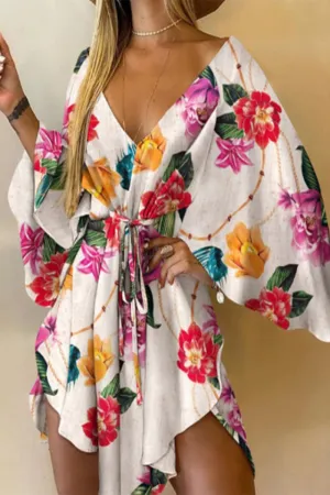 Sexy Floral Patchwork Frenulum V Neck Printed Dress Dresses