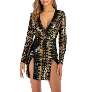 Sexy Sequined Backless Nightclub Bag Hip Long Sleeve Dress