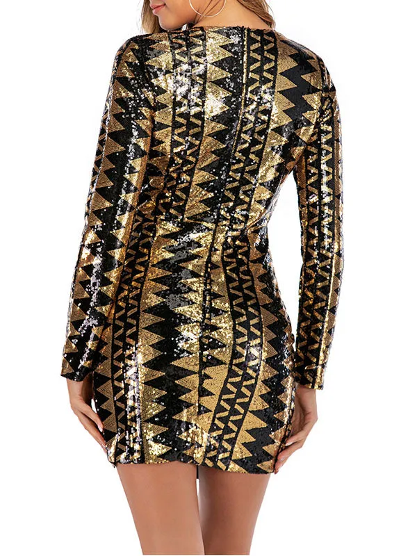 Sexy Sequined Backless Nightclub Bag Hip Long Sleeve Dress