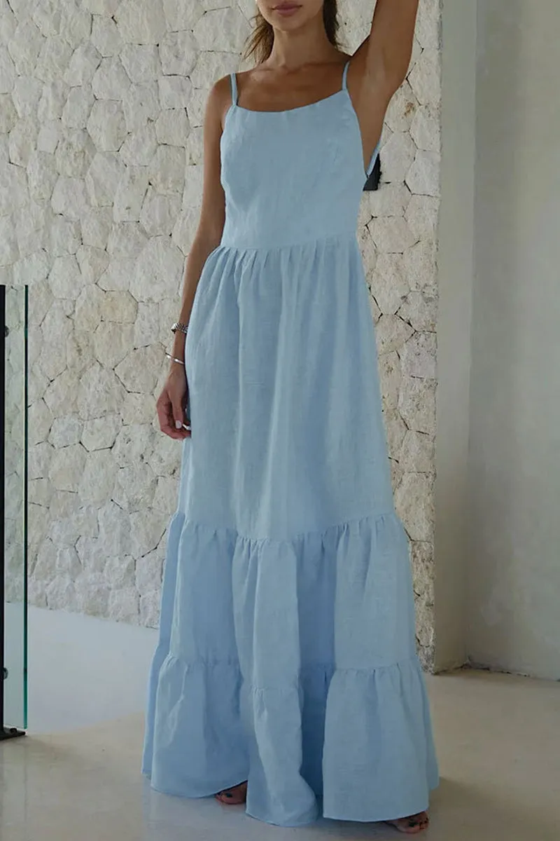 Sexy Vacation Solid Frenulum Backless U Neck Cake Skirt Dresses