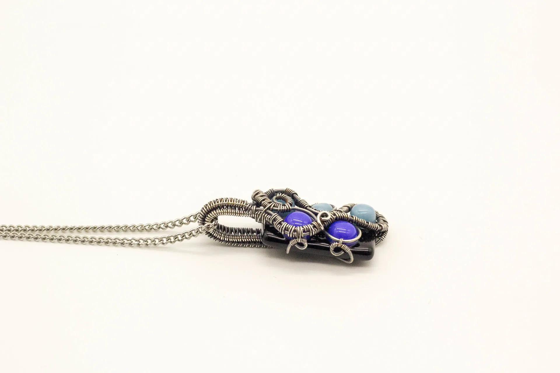 Shades of Blue Fused Glass Pendant with Sterling Silver Wire