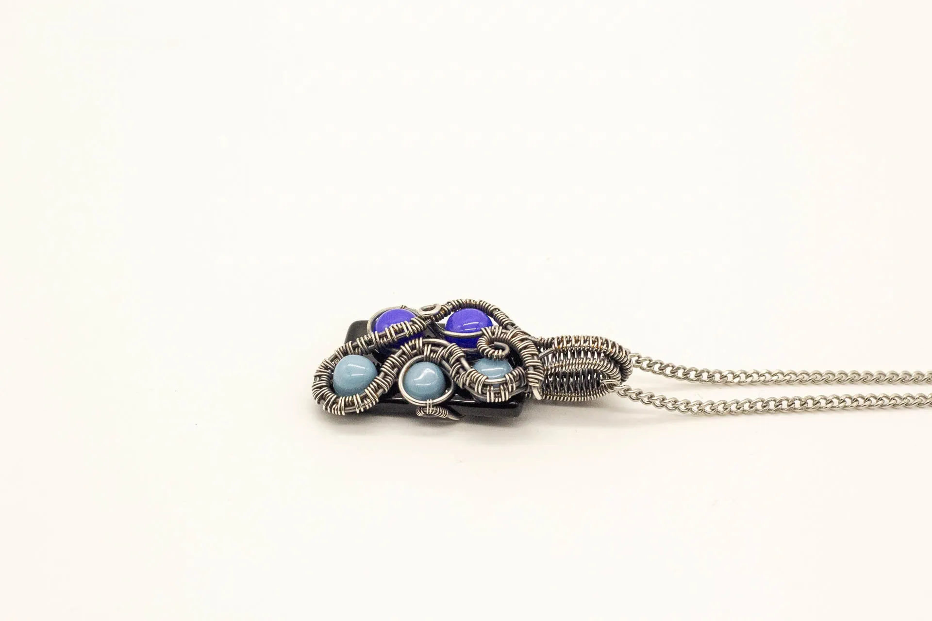 Shades of Blue Fused Glass Pendant with Sterling Silver Wire
